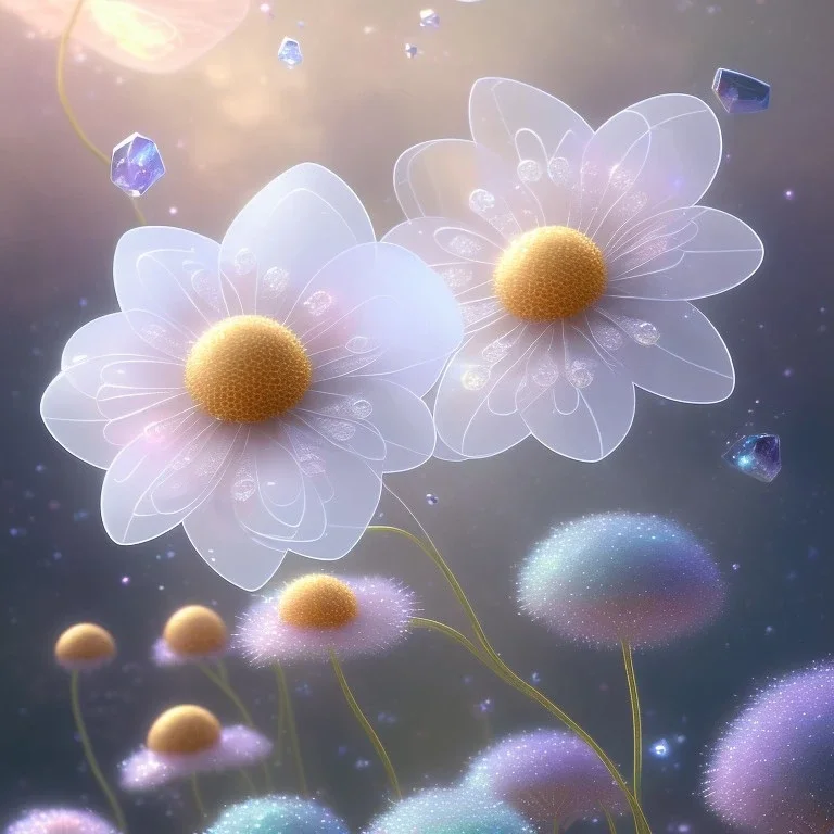 one big crystal subtle flower in a galactic ambiance with a beautiful fairy, transparent petals, delicate colors, in the foreground, full of details, smooth，soft light atmosphere, light effect，vaporwave colorful, concept art, smooth, extremely sharp detail, finely tuned detail, ultra high definition, 8 k, unreal engine 5, ultra sharp focus