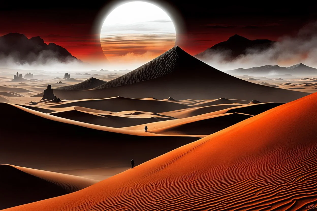 dramatic lighting, rough, high contrast, colors in the background are less saturated, black and white brown lite brown dark red light orange dark grey steel gold dark brown dark red silver, brown , dune city on big rock in desert, red spotlight, dust, fog, late afternoon, bene gesserit on the planet, dune in the style of Chris Foss, sand, footsteps, rocks, storm, fog, a figure siluette , detalied, sharp focus, hyperrealistic, masterpiece