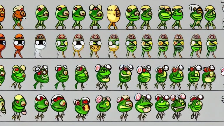 game sprite sheet of 30 images of stylized frog, view from six different angles covering 360°, collection sheet, arcade game, digital art