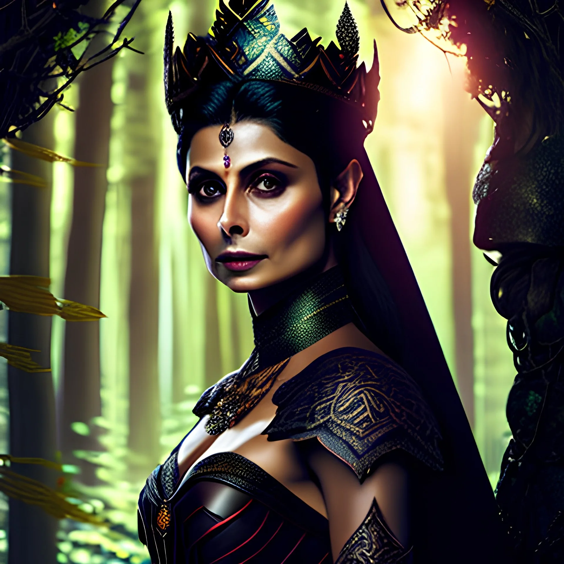 Morena Baccarin as a beautiful sexy dark elf queen seated elegantly on a throne in a mystical forest, dark celtic vignette frame, photo-realistic, cinematic lighting, award-winning photography