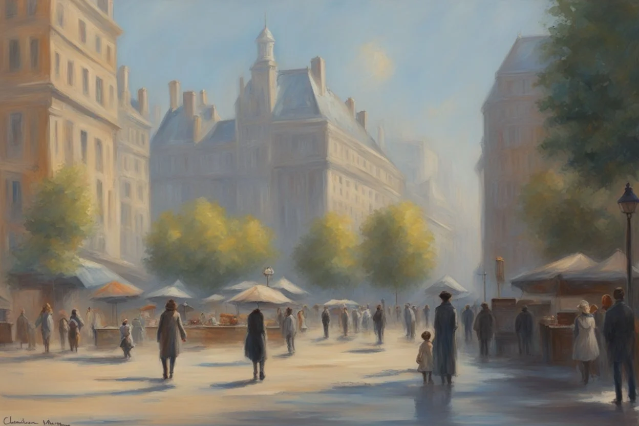 sunny day, city, sci-fi, people, epic, claude monet influence, realistic painting