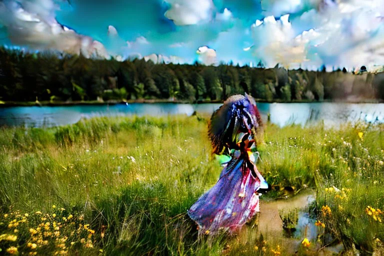 shot from front ,green field and wild flower field ,beautiful girl in pretty dress curly hair walking in water toward camera in trees next to wavy river with clear water and nice sands in floor.camera capture from her full body front, spring blosom walking to camera ,wild flowers moving in the wind ,blue sky,moving pretty clouds ,joy full facet.