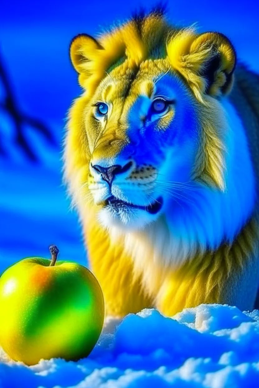 lion eat apple with snow and blue mood the lio yellow mood