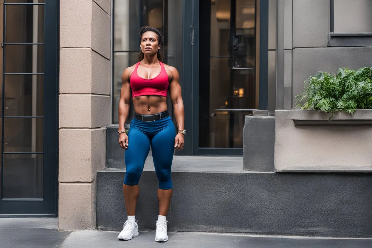 muscular unhappy woman on the doorstep of an apartment in NY