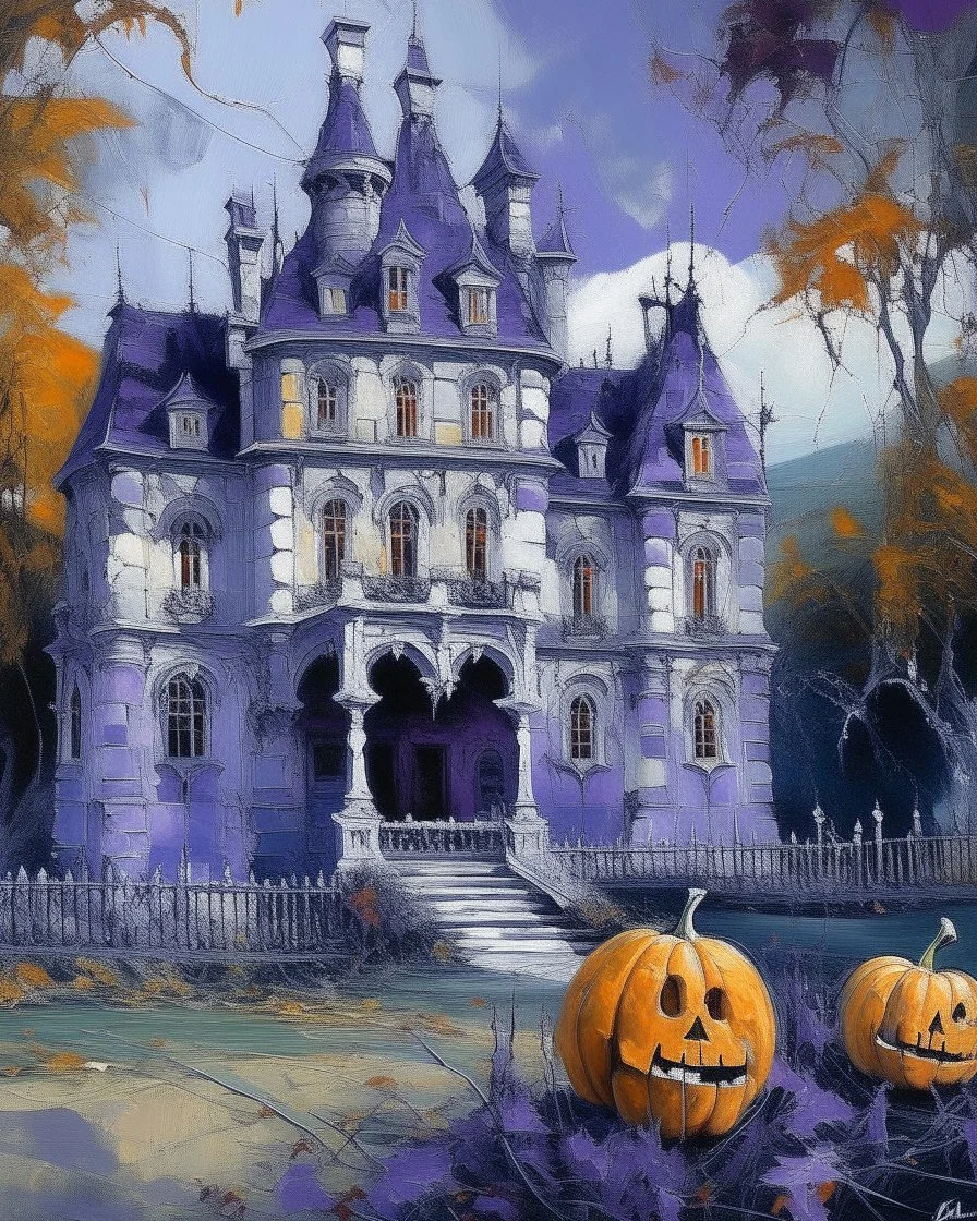 A violet haunted Halloween themed chateau with pumpkins and ghosts painted by Claude Monet