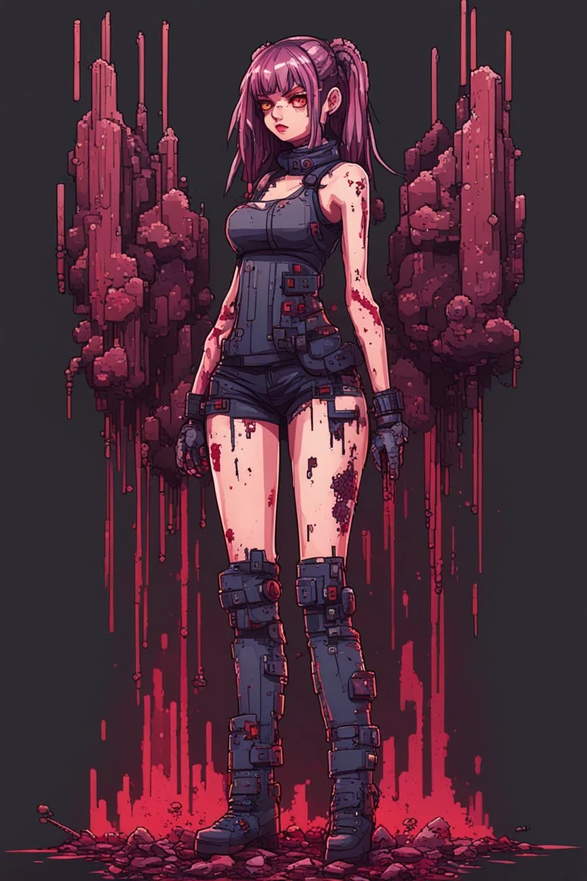 Girl cyberpunk, fullbody, behind blood guts rising from the ground, 8bits, pixel art,