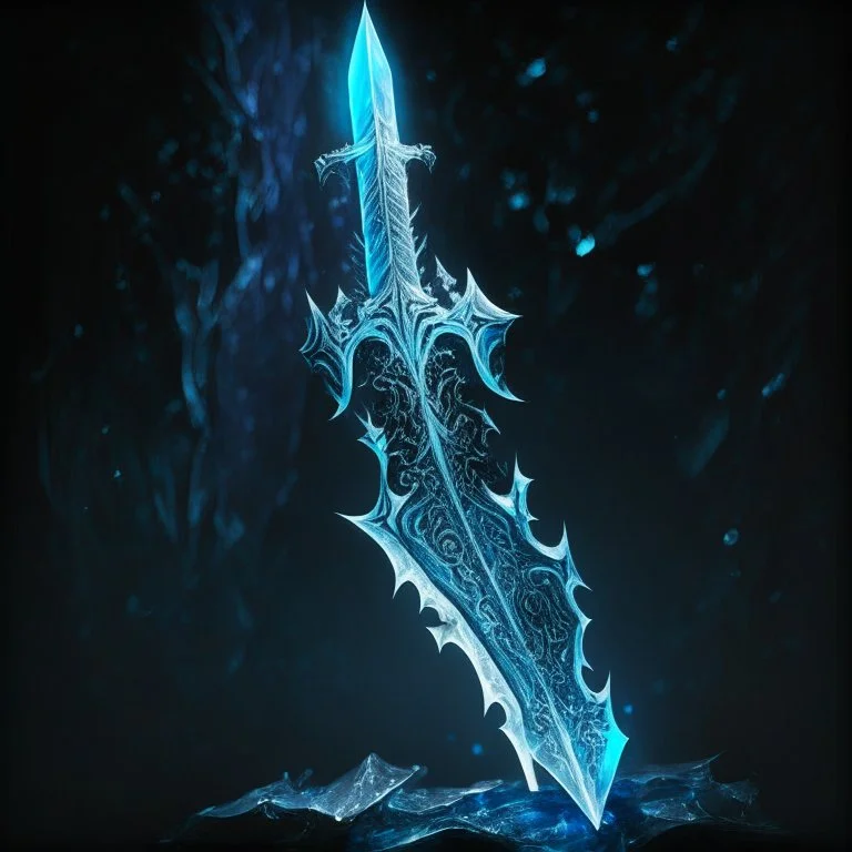 A fantasy sword that is a slender, translucent blade made of ice, shimmering with an ethereal blue glow. Its hilt is crafted from swirling vines, leading to a vibrant crystal at the pommel. With a black background behind it.