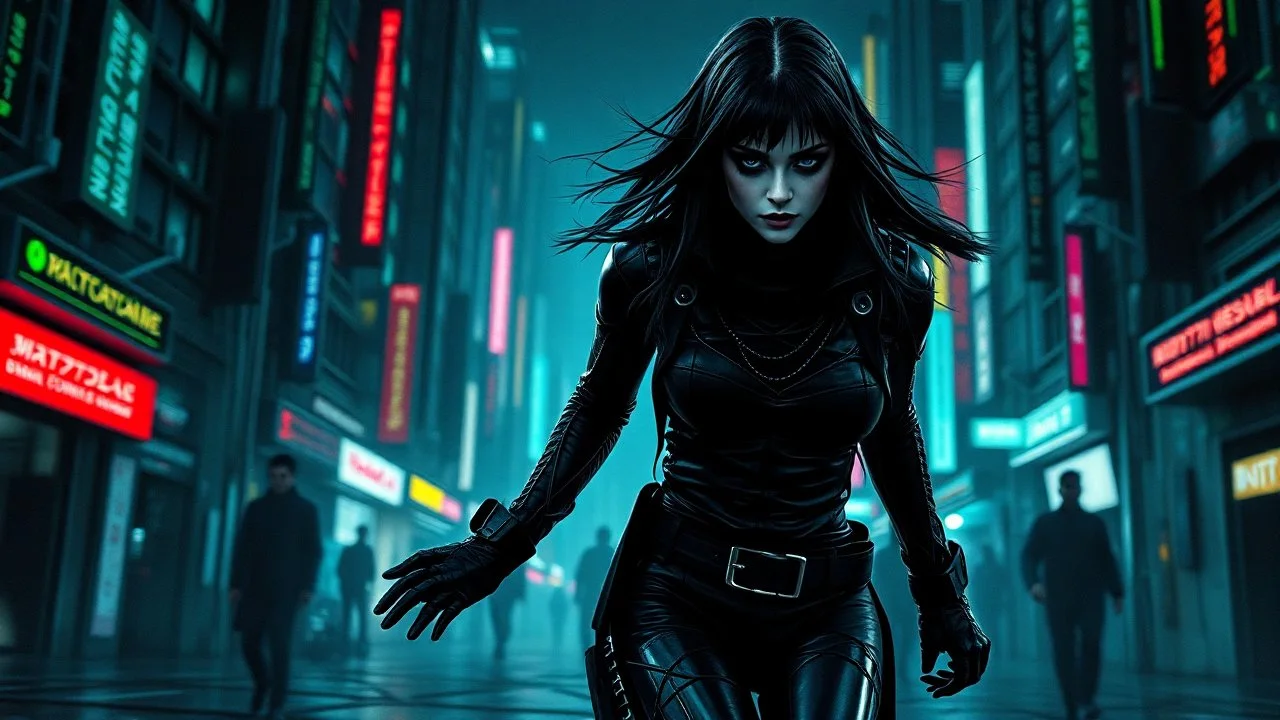 cyber-goth warrior woman in black makeup, black cyber-goth clothes runs in matrix city, utopistic scifi, dark colors, random matrix city background, high detailed, high realistic