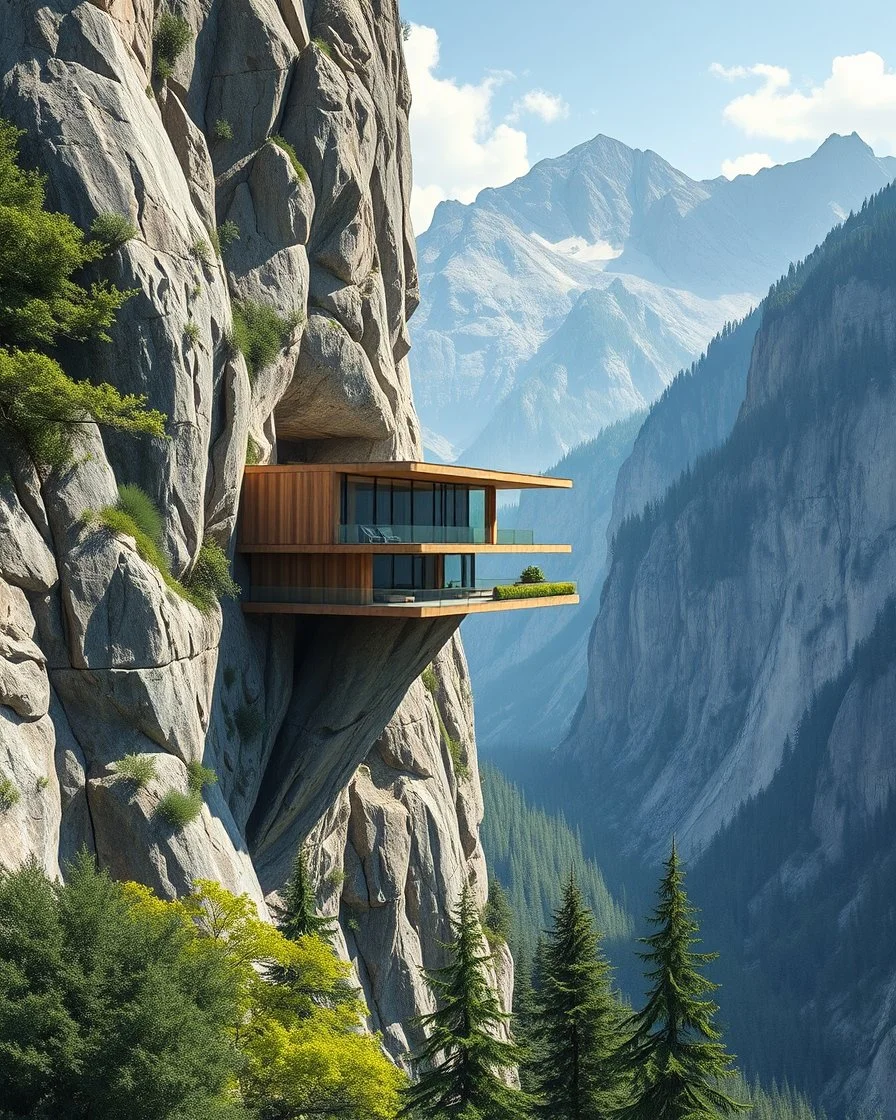 Architectural drawing of spectacular views of a modern house suspended on the side of a mountain, using light and resistant materials. Hyper detailed, ultra quality. green trees