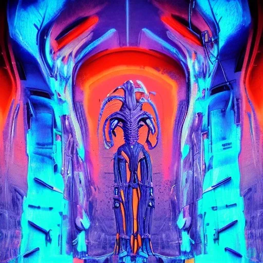 Giger Style Corrupted dystopia Neon Blue and Purple winter with orange reflections