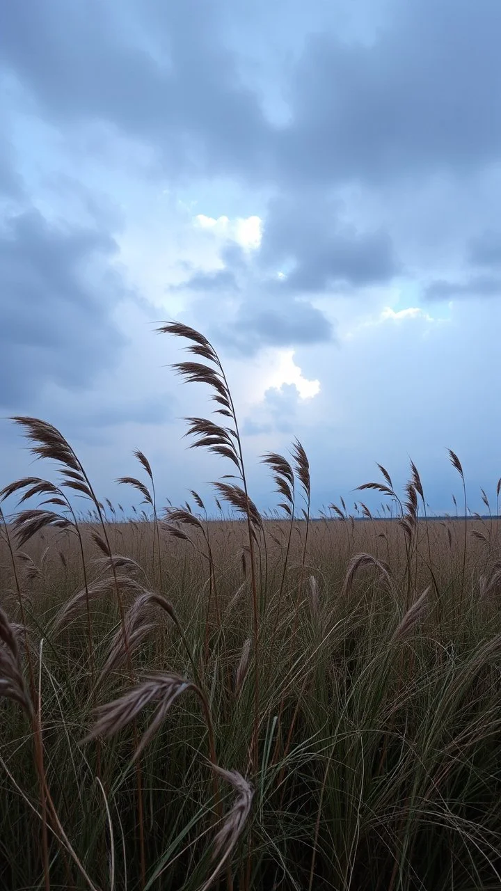 Windblown grass in the field with storm and winds with clouds and