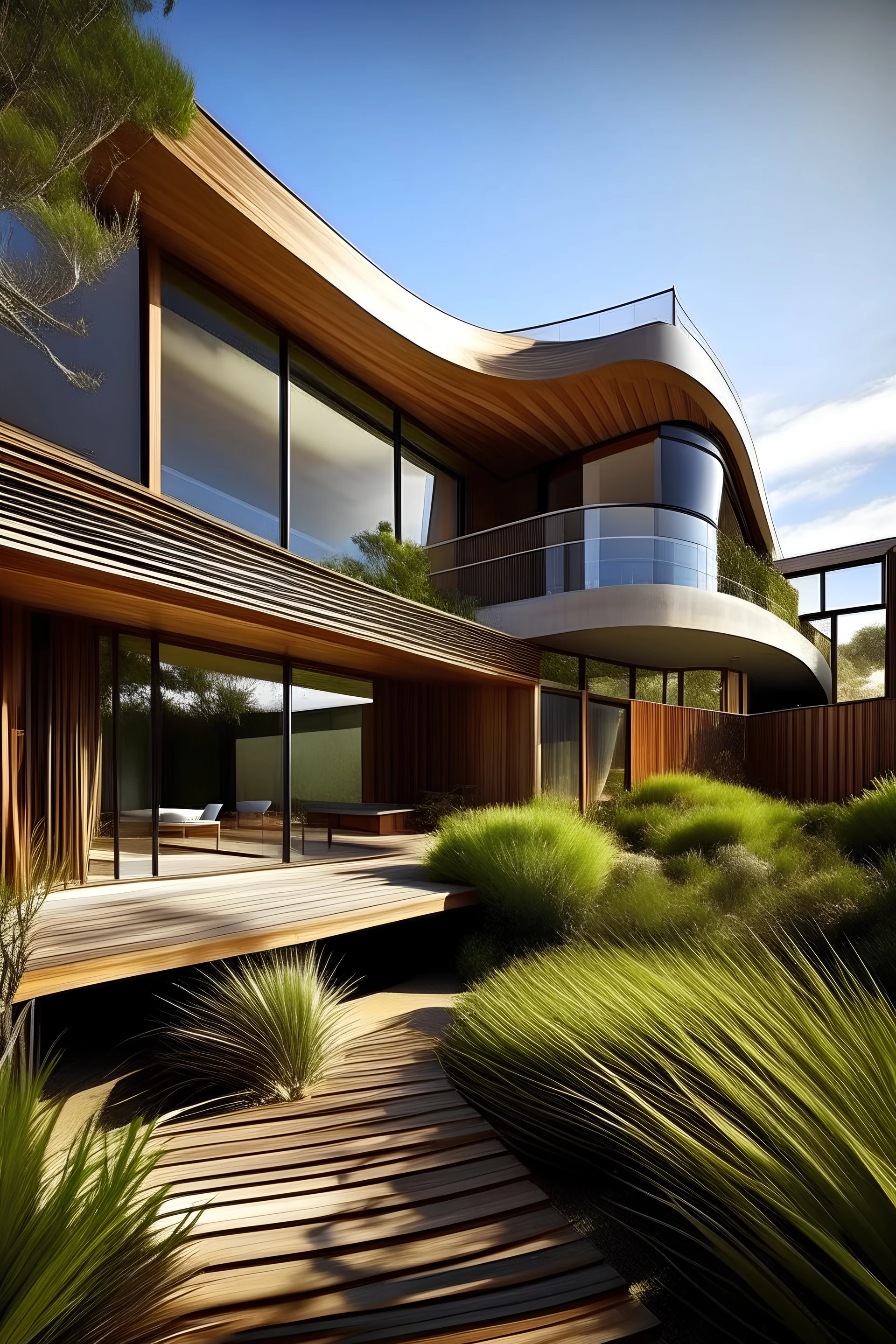 Exterior: Fluid lines: The house eschews sharp corners, instead flowing organically like sculpted sand dunes. Walls undulate gently, catching the sunlight in playful waves. Natural materials: Timber, weathered silver by the sun, blends seamlessly with glass walls that reflect the surrounding bushland. Large timber verandas extend from the upper floor, casting cool shadows in the midday heat. Sunlight dance: Clerestory windows slice through the roof, flooding the interior with dappled light that