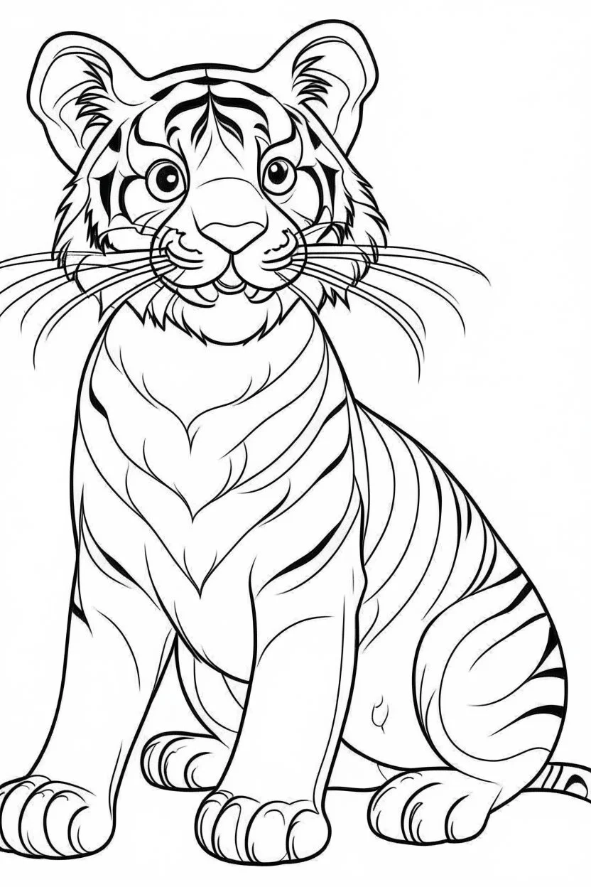 coloring page for kids, tiger, cartoon style, thick outline, low details, no shading, no color