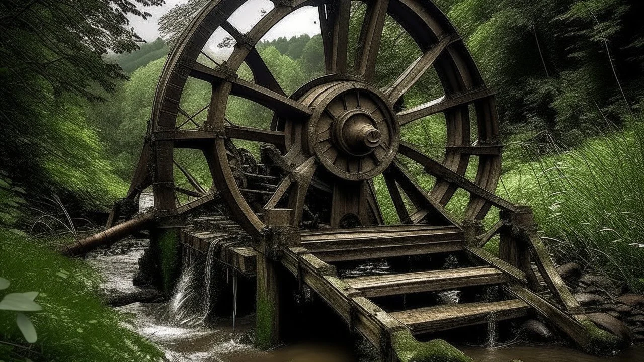 Old, rickety wooden waterwheel over a dark, filthy river where vermin lurk