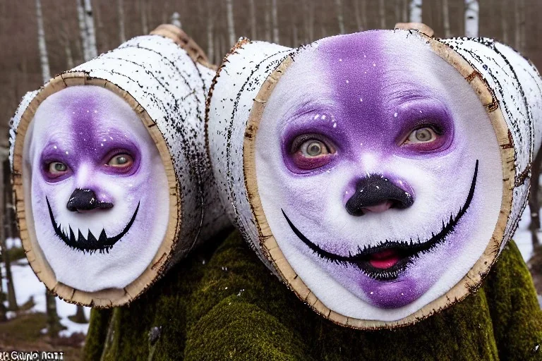 One Northern Native Gaffer. Indigenous, birch-bark face-cover, Kekripukki, carrying drums made of birch-park, Scary Horns, Midwinter, Ghost, Mystic, Haunted Children, The children are dead, Witch, Wizard, Sage. Traditional Costumes are white with red ornaments and patterns. Faces are painted with purple and green. Arctic Hills, Strange trees, Haunting Atmosphere, Crazy, North-Carelia, Karelia, Karjala, Karjalainen, traditional Carelian costumes, dripping black tears from his face