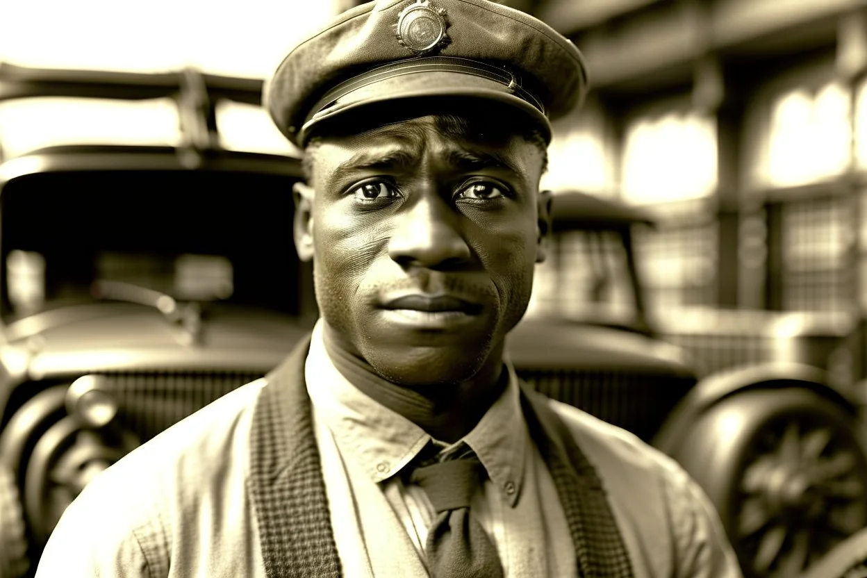 ww1 black driver talking close-up standing up looking to the camera, ww1 garage background