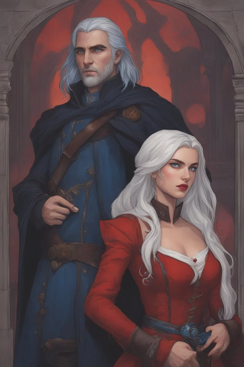 A couple, from the dnd game curse of Strahd. The woman has long white hair and blue eyes, the man has LONG BLACK hair and red eyes, no facial hair. He is standing protectively behind her.