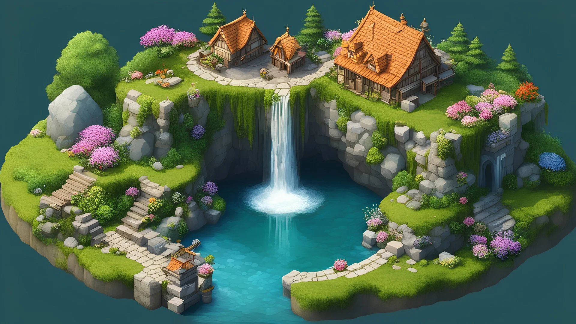 (simple background:1.2), (isometric 3d art of floating rock citadel), cobblestone, flowers, verdant, stone, moss, fish pool, (waterfall:1.2), cottage