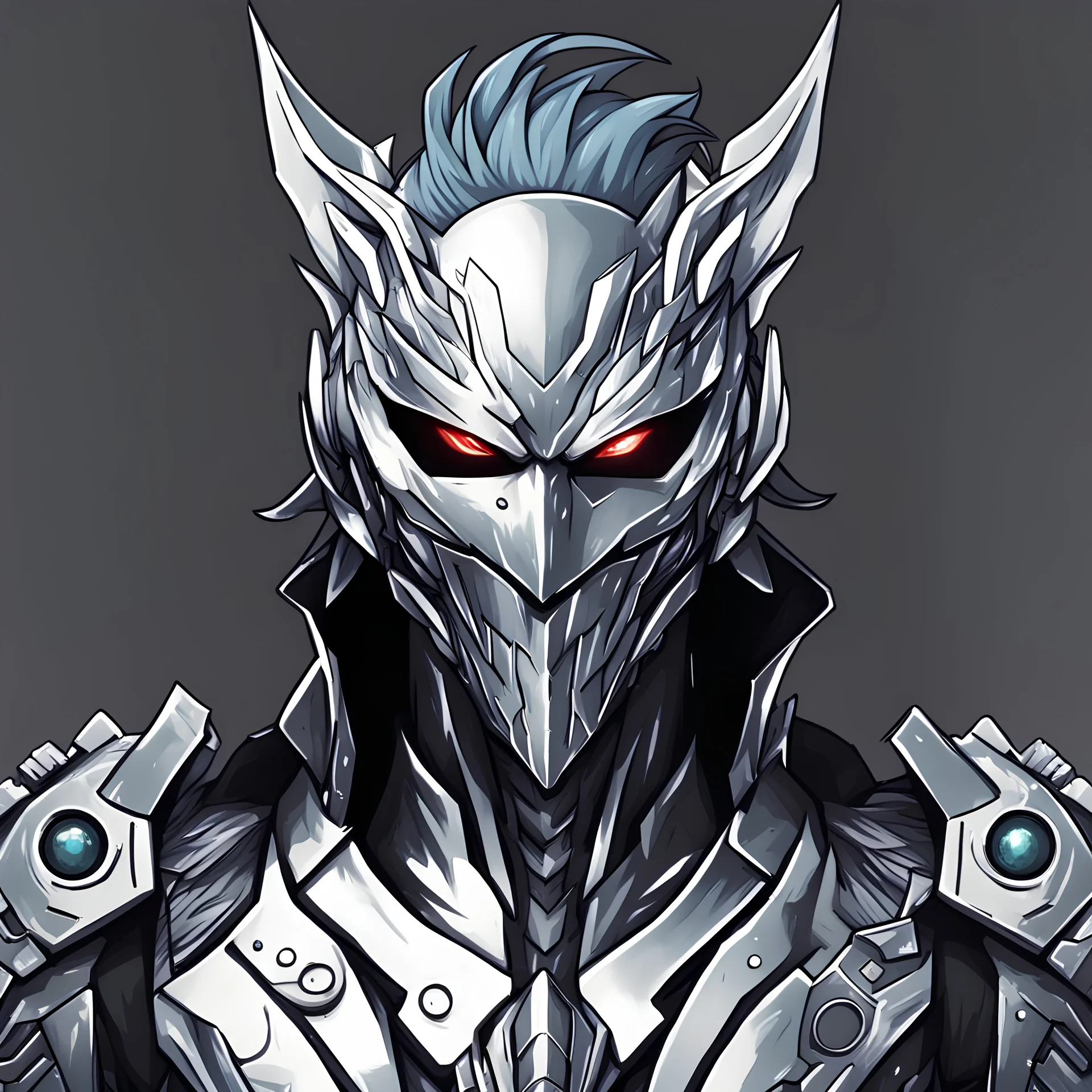 Logo silver skinned anime Dragman cyberpunk with dragon mask in his eyes