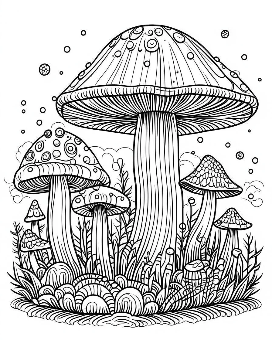 mushroom world minimalistic landscape. line art, background, vector, svg, coloring book page style, black outline on white background