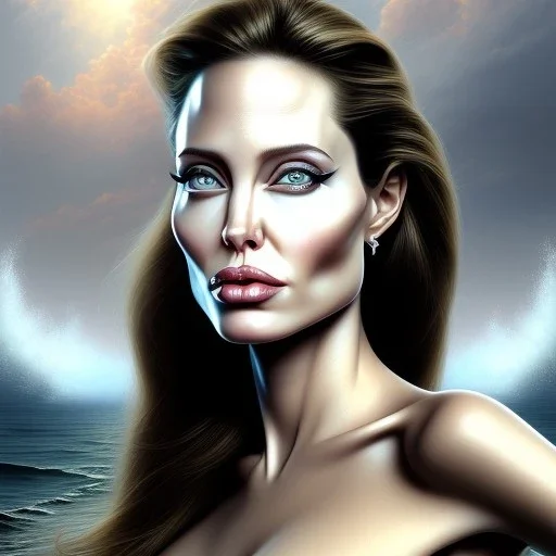 A beautiful portrait of Angelina Jolie as a mermaid , leaning on a ships deck ,Rough sea in the background, (digitall art by Eugene de Blaas and Ross Tran, vibrant color scheme, highly detailed, in the style of romanticism, cinematic, artstation best quality, realistic lighting, masterpiece portrait, details light dusting , cowboy shot from above, simple chain hauberk Vector art digital illustration 3D shading )