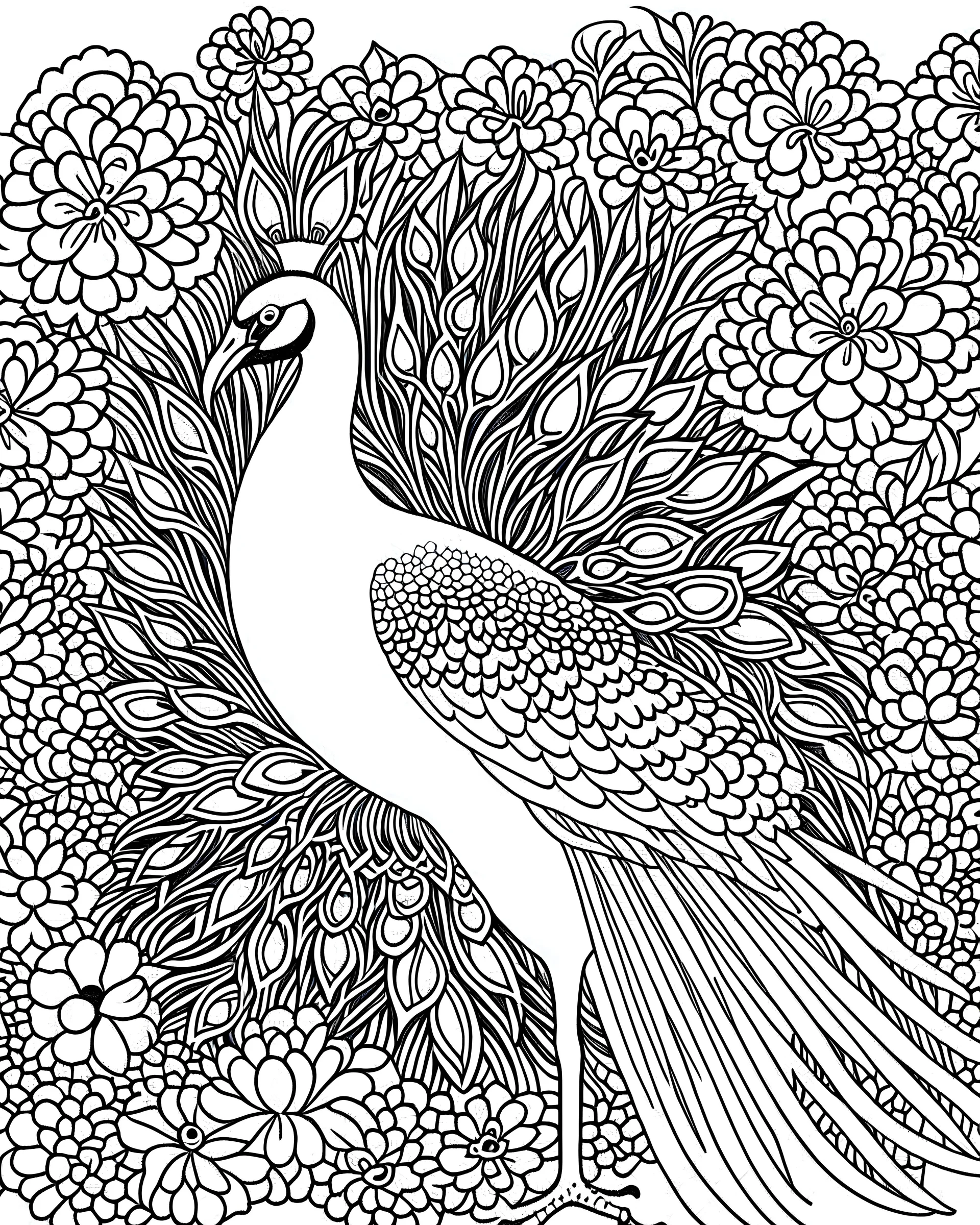 An elegant peacock displaying its vibrant plumage in a lush garden filled with exotic flowers. for colouring pages with black and white outline line art ,no blur,no grayscale,only white backdrop,only black and white colour of this picture,no other colour,no black backdrop with realistic look