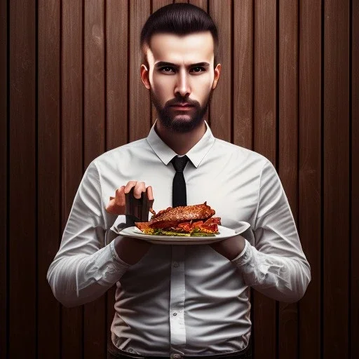 portrait of man in front dark wooden wall, shiny fork and knifes on dinner table with cloth, fantasy art book cover