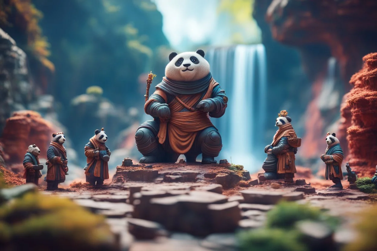 archeologists discovering space panda giant ninja people worshipping statues and idols, on a strange planet with weird colors and waterfalls, bokeh like f/0.8, tilt-shift lens 8k, high detail, smooth render, down-light, unreal engine, prize winning