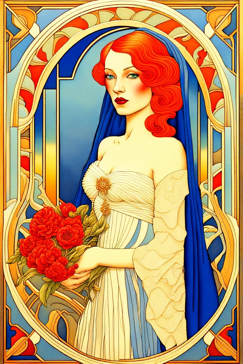 3D image, a beautiful art deco bride with red hair, white and blue veil, beautiful eyes, red lips, blue flowers, bold gold, sensuality, fantastical surrealistic, elegant, beautiful high definition acrylic art, sunrise, watercolor patchwork, Daniel Merriam style, Ivan Bilibin, Ernst Haeckel, Jean-Baptiste Monge, Picasso, Caspar David Friedrich, Jacek Yerka, Richard Dennis, Joe Fenton, Andree Wallin, İsmail İnceoglu, Wassily Kandinsky, Thomas Kinkade, line art, artstation, extremely detailed, intr