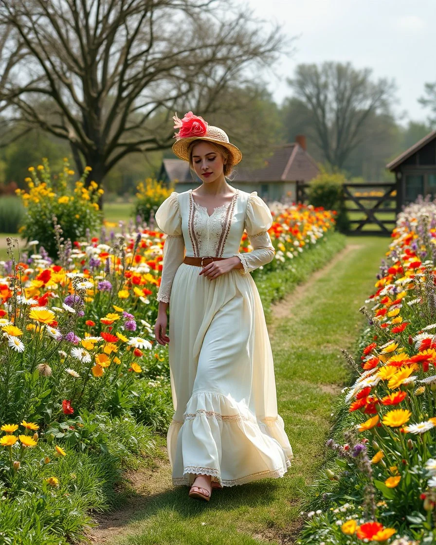 create a video , in a pretty nature of conuntry side a big mas of ramdom pretty flowers fall down and a beautiful lady in victorian clothing comes out and walks with cute in the flowers garde