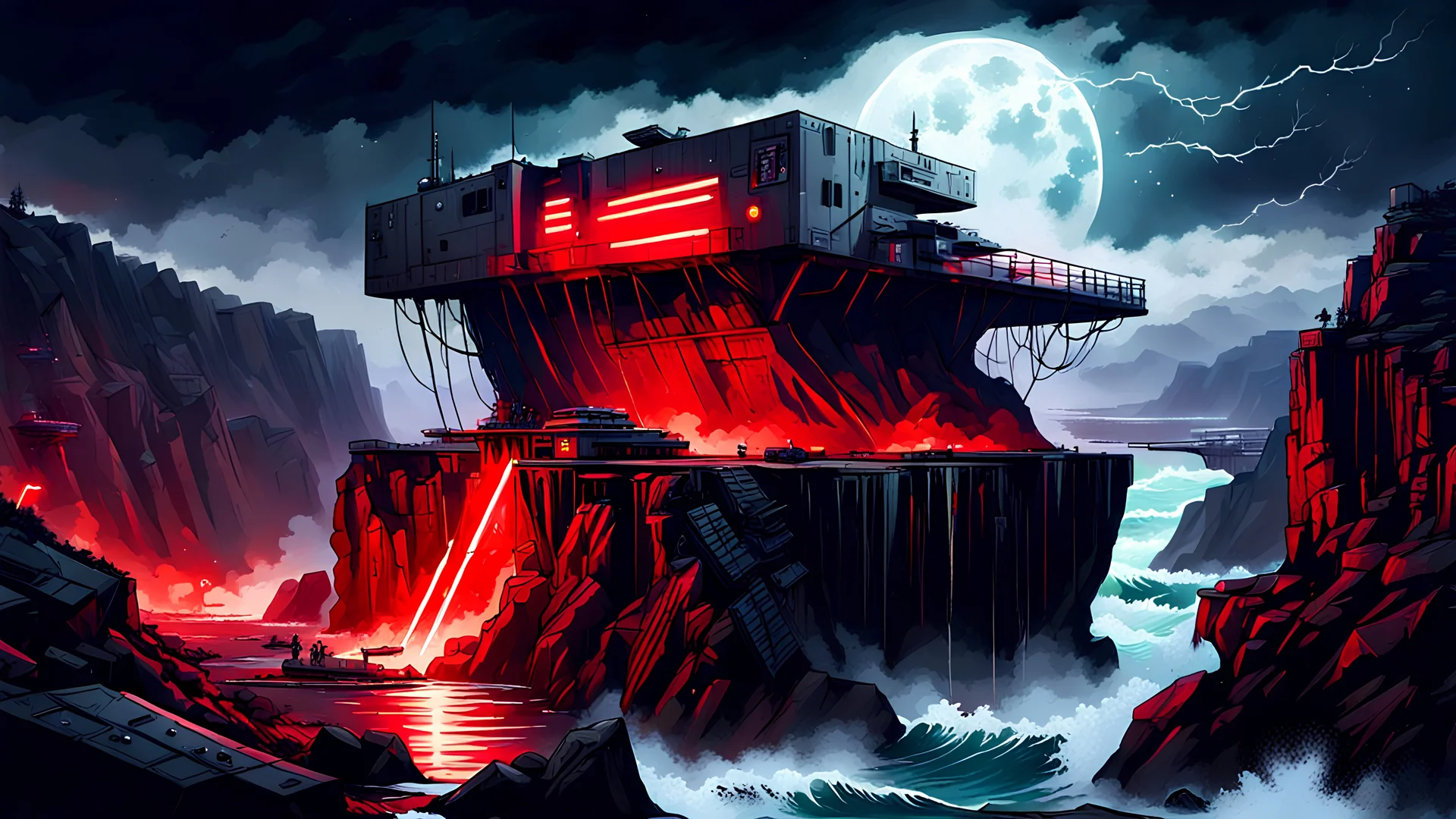 military outpost on top of a cliff with dangerous rapids below, nighttime scene storms, star wars style, cyberpunk style, red