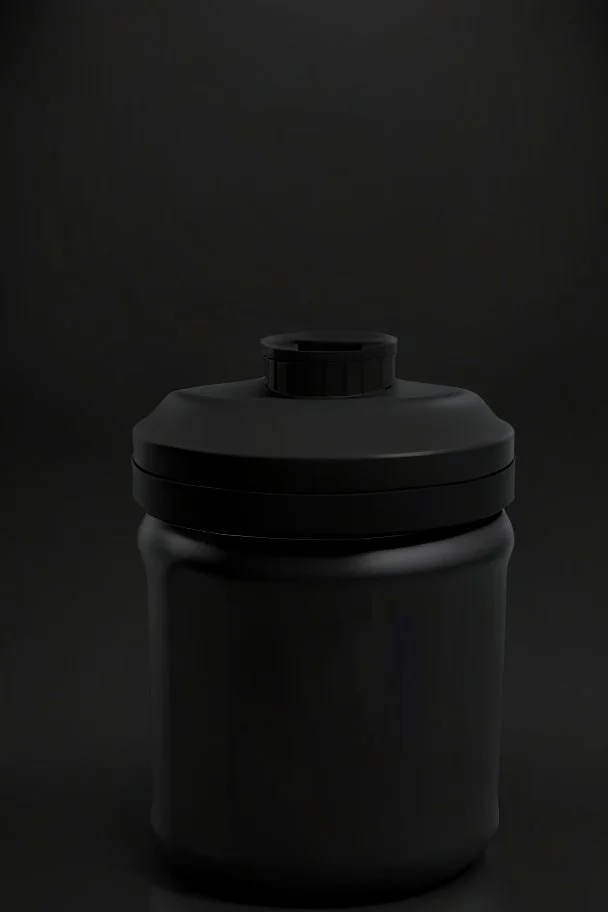 Black protein powder container, lid besided the container, screw lid, round container, black studio, black background, dark setting, no labels on the container, very detailed, realism, high quality