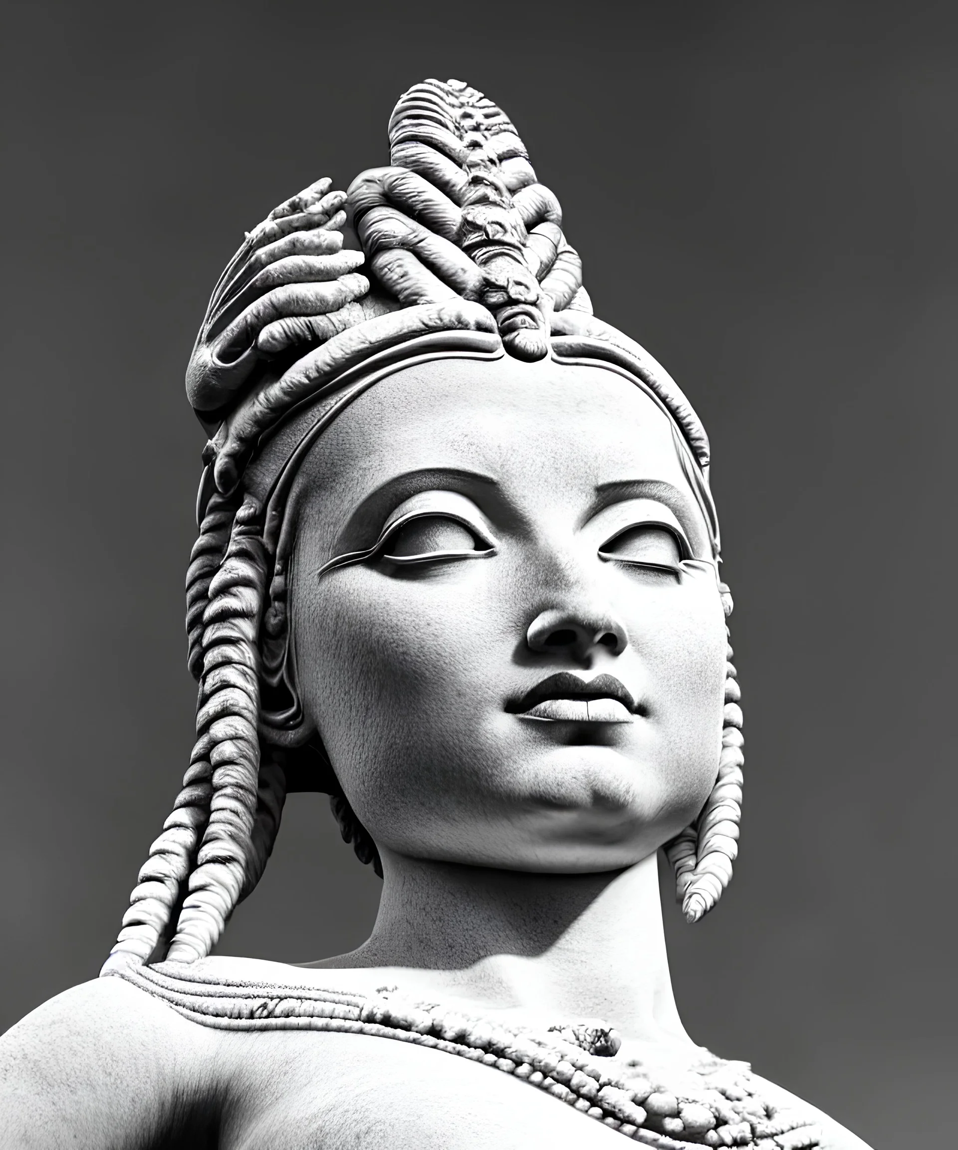 A statue of a goddess in black and white, magnificent, majestic, highly intricate, gigantic, derelict statue, Realistic photography, incredibly detailed, ultra high resolution, 8k, complex 3d render, cinema 4d.