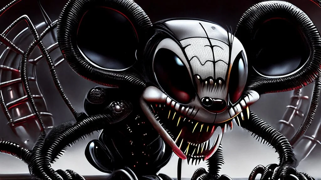 a spider mickey mouse hybrid, photorealism, movie screen capture, horror, sci-fi, retrofuturism, evil, demon-like