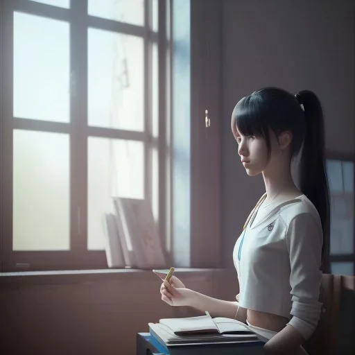 female student studying by the window, anime style, unreal engine 5, sun light, studio lighting --ar 1:1