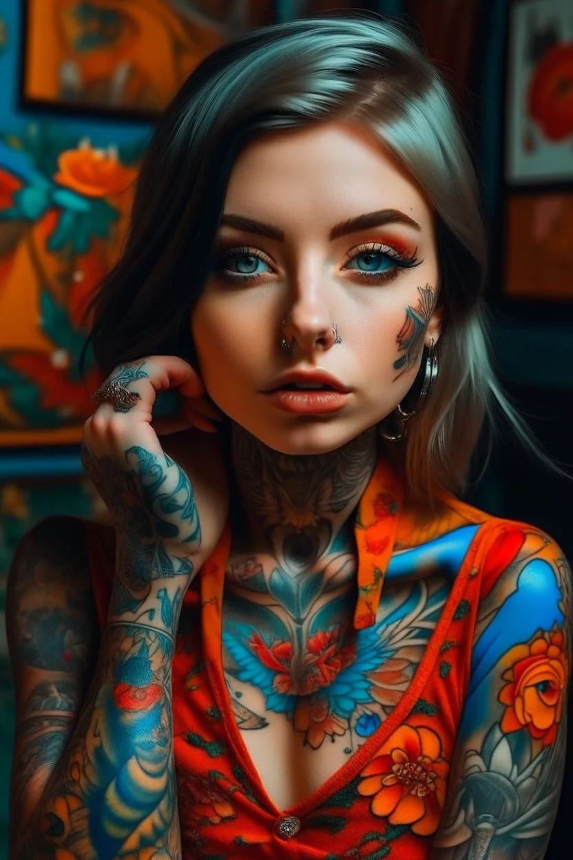 Beautiful Arab woman, petite, short, big eyes and lips, vibrant color, neck tattoo and full sleeves tattoo. , thin, tattoos connected, Full coverage chest tatoo, tattoo style complex and colorful and large drawings Fujifilm xt3 by (petra collins|roe ethridge, elllen von unwerth, Jan Saudek)