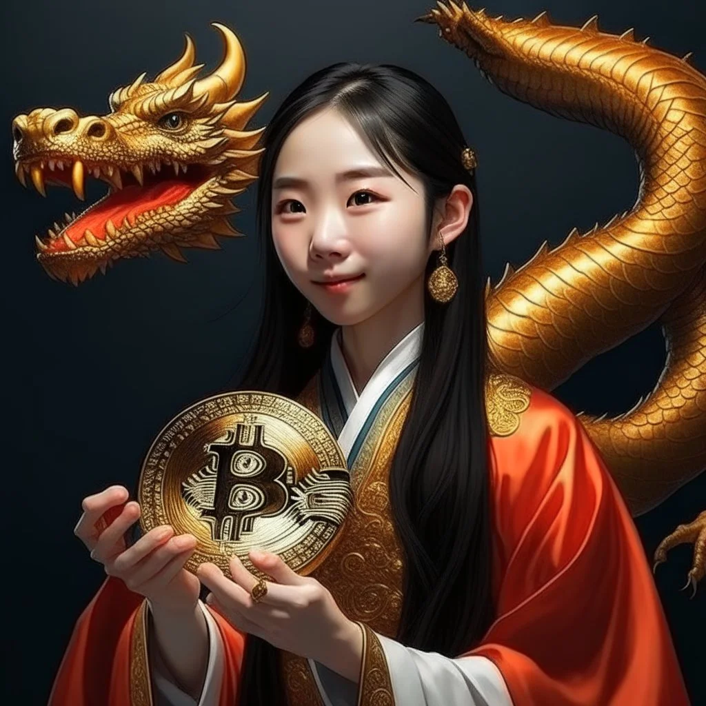 Bitcoin cryptocurrency in the hands of a traditional chinese girl, dragon