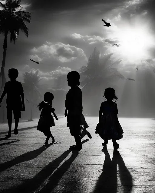 children playing on the indian street capture them against the sun and make an art silhouette, details, sharp, black and white 8k