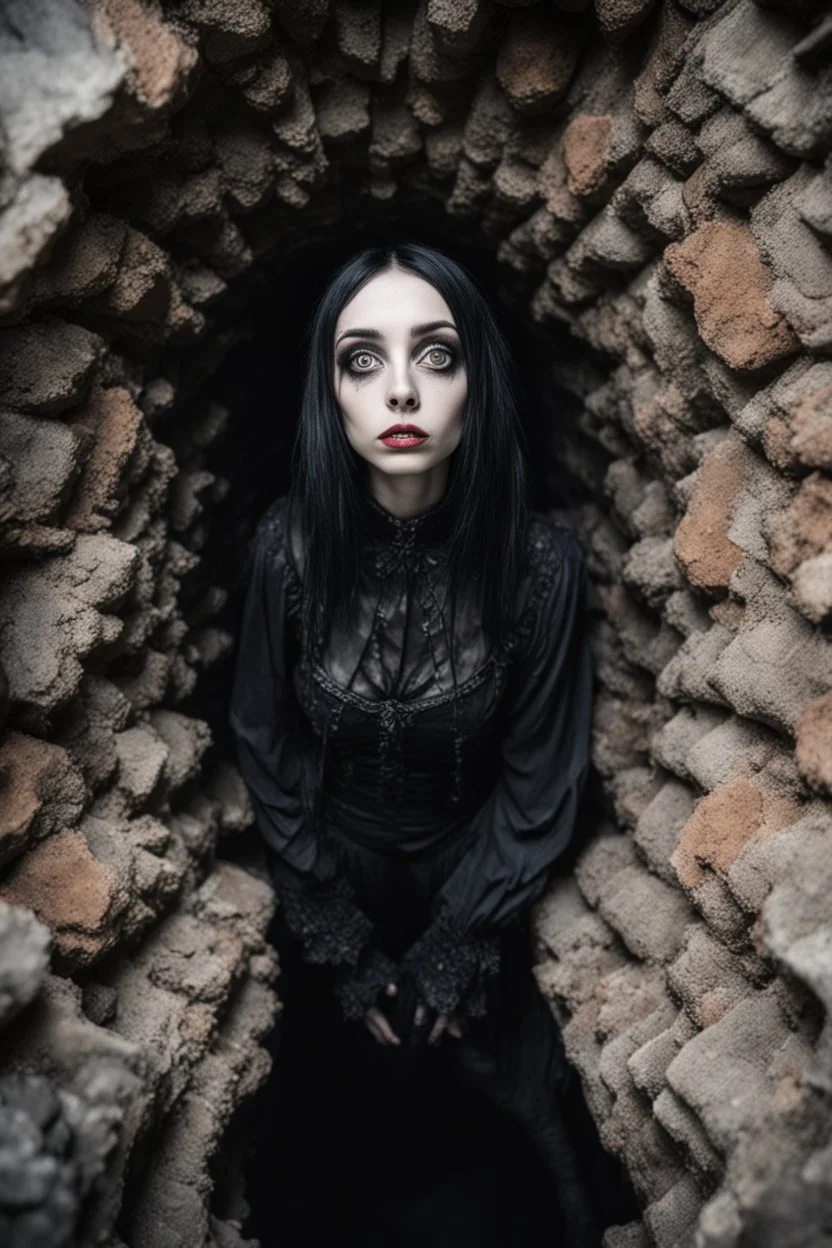 Closeup tall Girl goth with big eyes, ragged clothes, fullbody, claustrophobic really, crushed inside, the perspective looking up from the bottom of an empty well , 8k,macro photography,