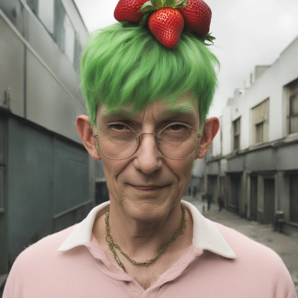 the infamous mutant strawberry-man with green pixie-cut hair, extreme reality,