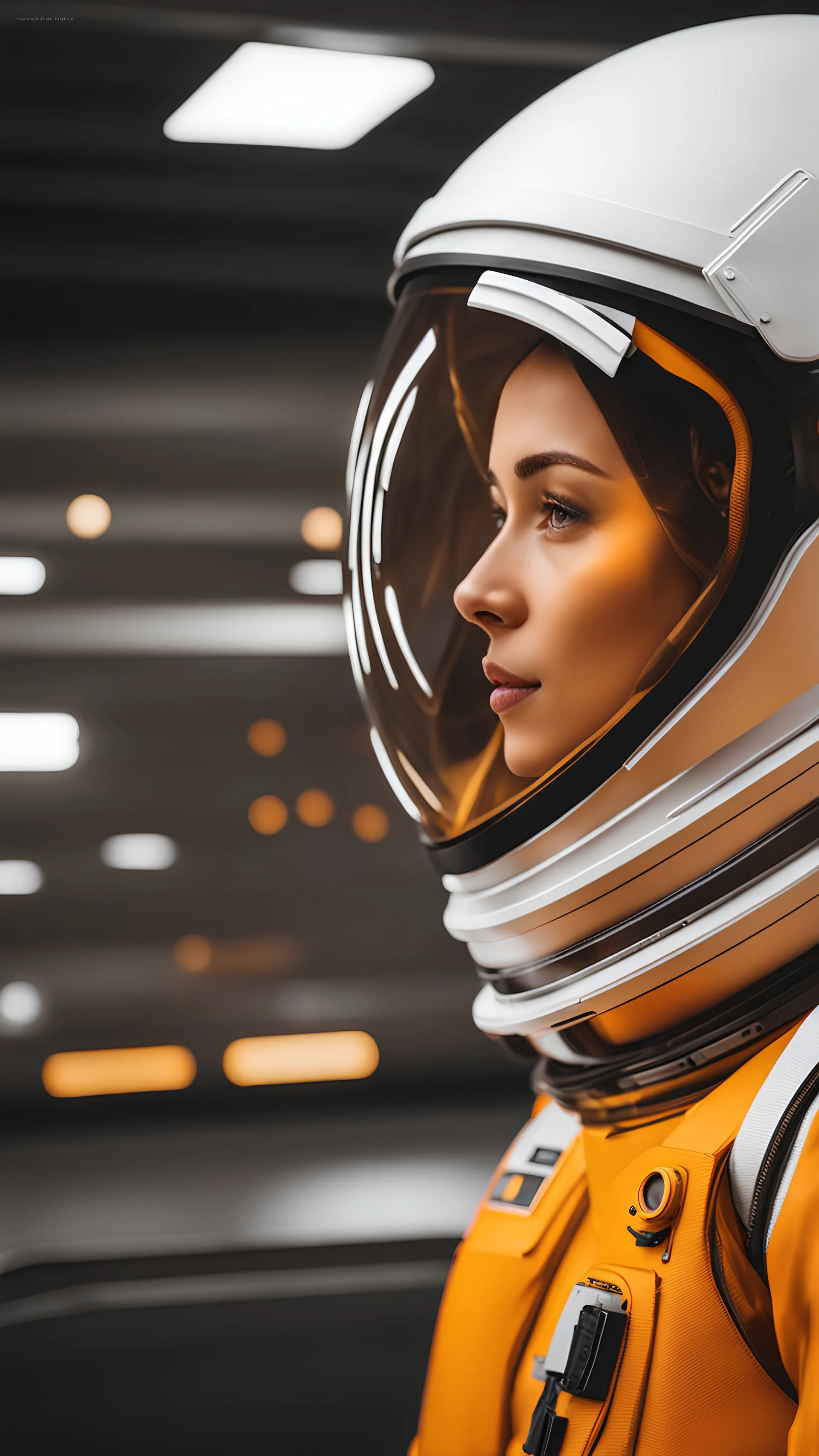 Photo realistic side view shot from European space agency an astronaut girl amazed by landscape of Mars wearing sufficient simple yellow and orange uniform of year 2100 improved, no apparatus on chest, unique amazing mask color #edb00e, sleek mask is big 80% made of glass an one layer color #edb00e, smooth mask orange color gradients, enhanced exposure lights, surprised with landscape emotional delicate athletic body, futuristic appealing intricate