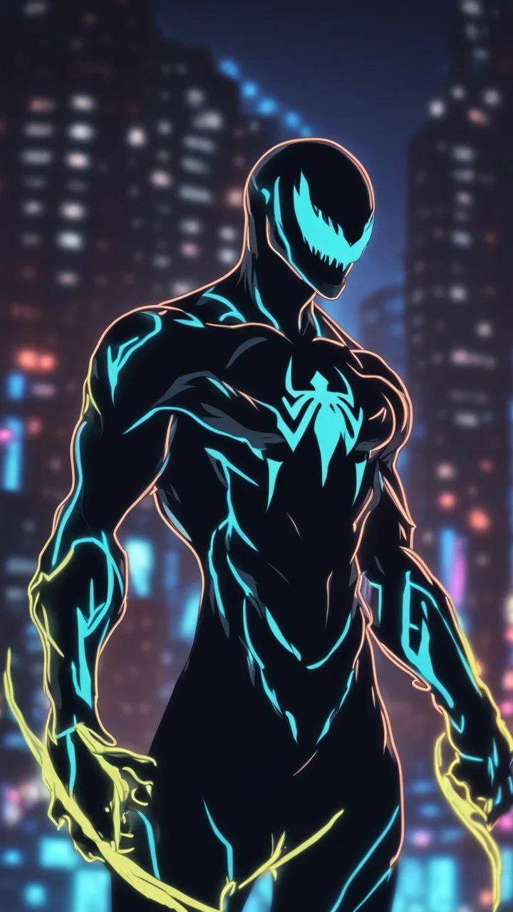 Mix between venom symbiote and genji in solo leveling shadow style with neon glowing blue