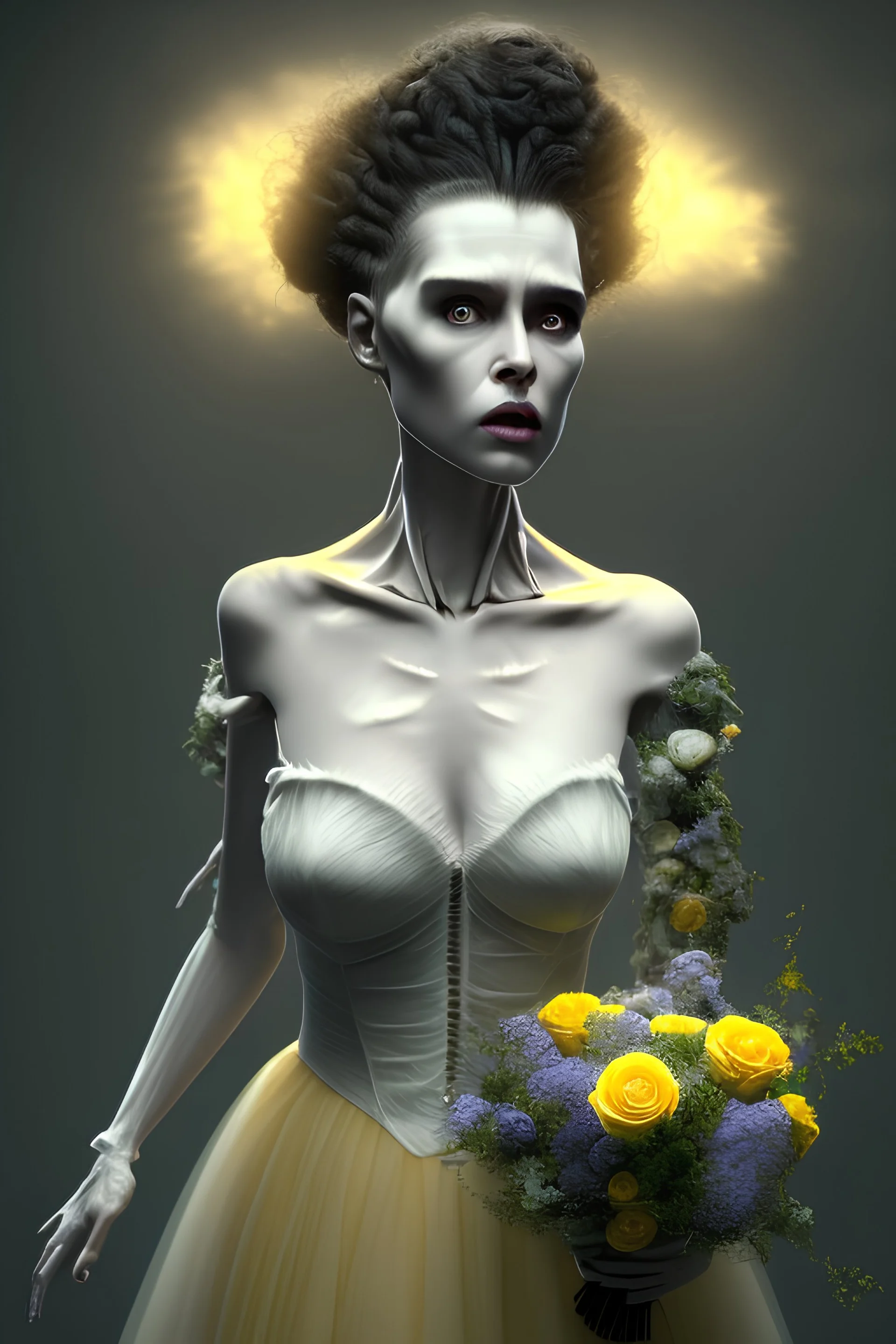 4K Ultra-HD, Hyper realistic, cinematic lighting -- the bride of Frankenstein , short, bowl-cut black hair, dead eyes, Yellow skirt, blue blouse with short poofy sleeves, extremely pail skin, wilted Rose pedals, gloomy, foggy, Castle, Full body image -- 4k, stunning, dramatic lighting, dramatic background, cinematic, atmospheric, very detailed, historic, powerful, octane rendering, exquisite detail, 30 - megapixel, 4k, 85 - mm - lens, sharp - focus, intricately detailed