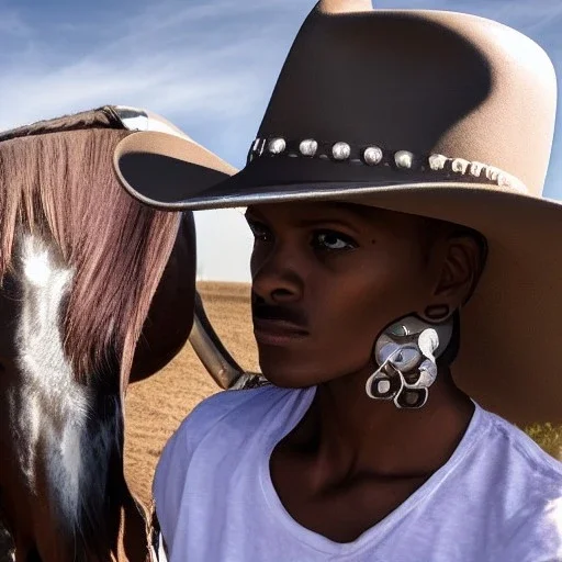 gigachad face,sigma,man face,brutal woman,reflections,shadows,more details,realistic light,afro,cowboy hat,silver Earrings,beautiful eyes,one person,horse