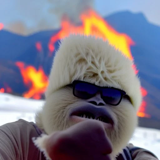 Yeti, wildfires in the background, mountains