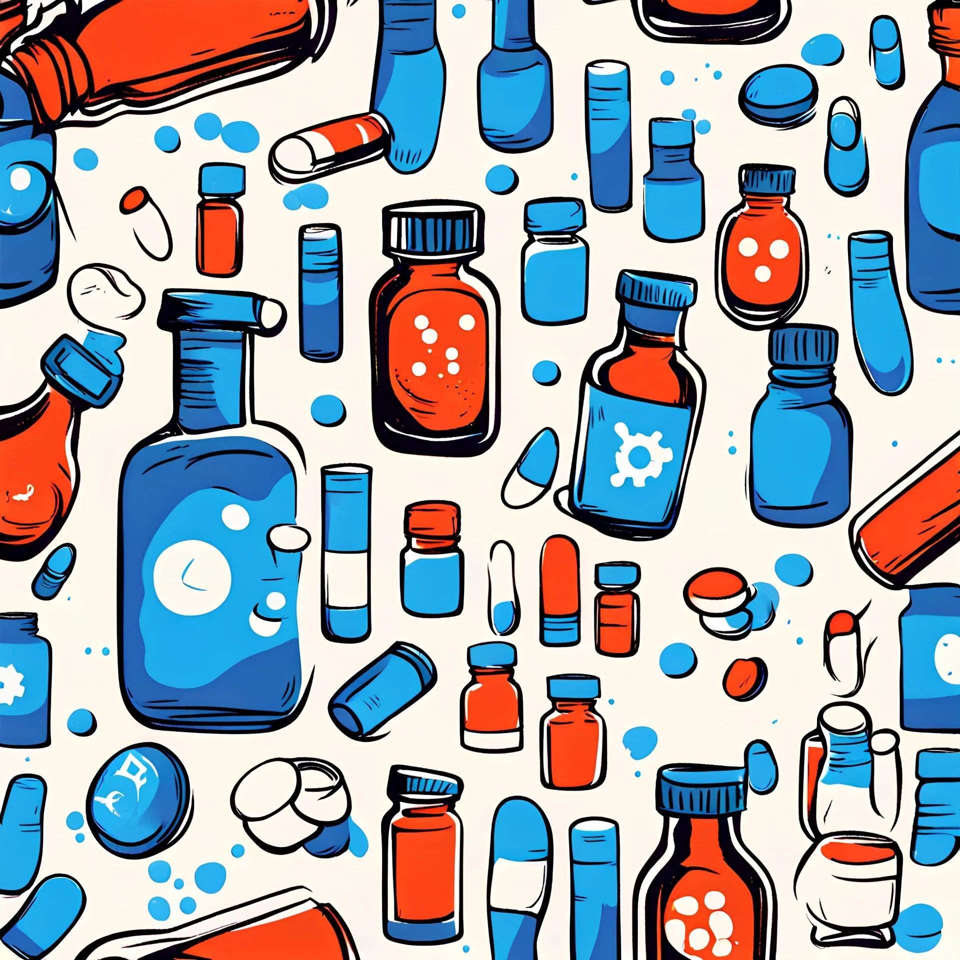 "bright blue" color scheme, the comic style, the scientific theme, a bottle of pills