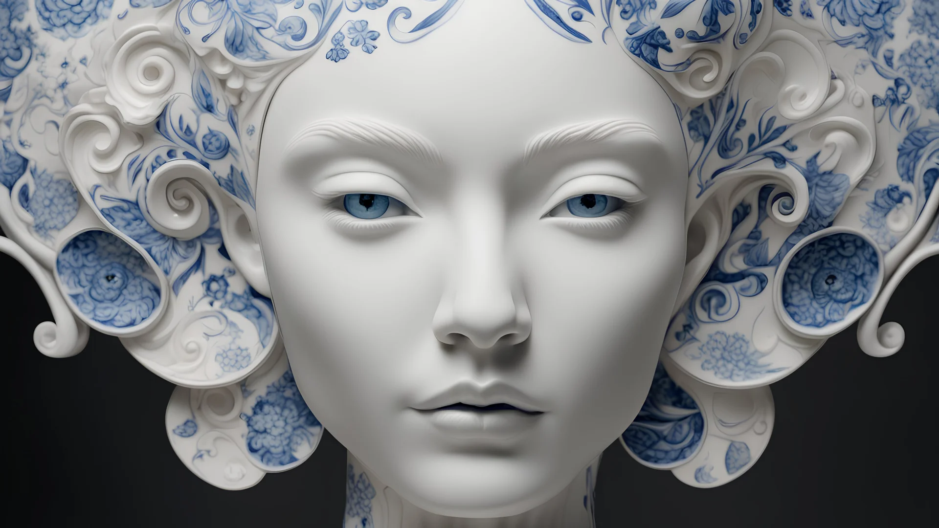 a woman made out of porcelain, in the style of balanced symmetry, white and blue, detailed facial features, organic forms, meticulous portraiture, complex patterns --ar 1:2 --stylize 350 --c 2 --v 6. 0