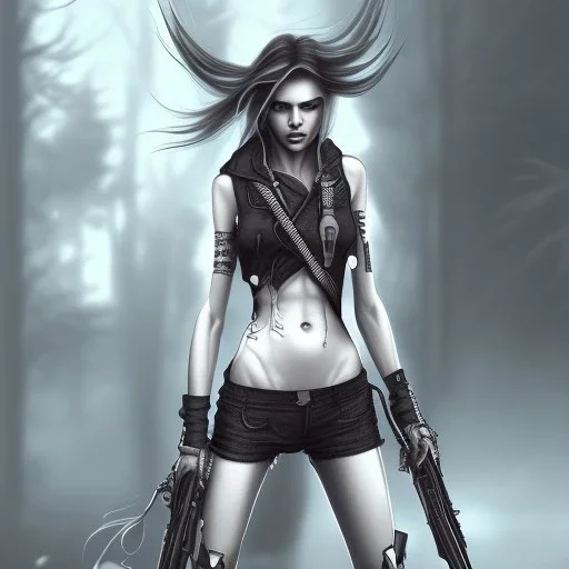 punk, female ninja, long hair, full-body