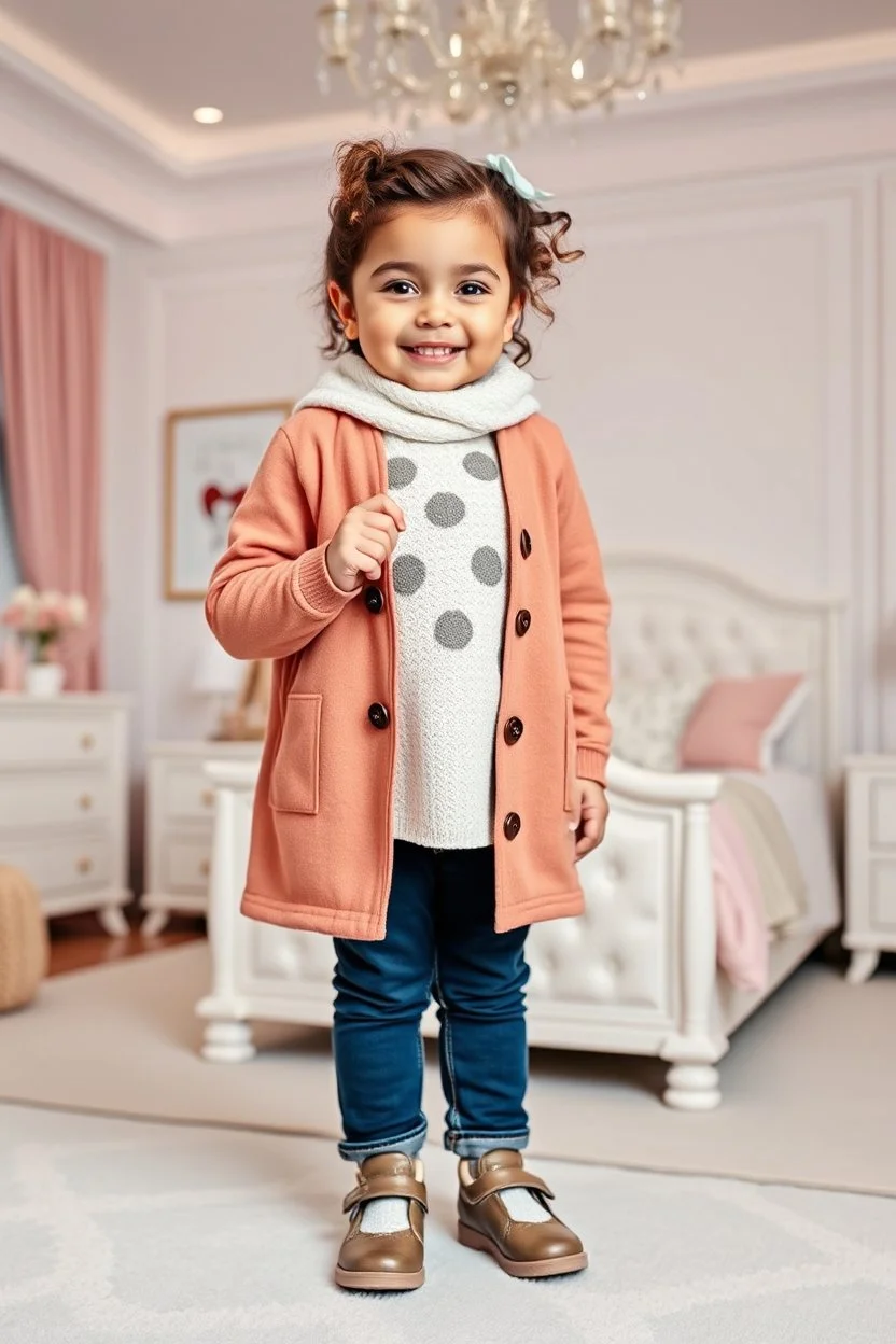 a 3 years old girl with curvy hair in modern clothing and makeup standing pose with cute and joy with pertty shoes in a very large luxury baby bedroom