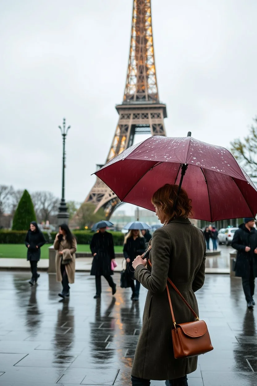 around Eiffel tower a few people with umbrella walking while it is raining and the Eiffel is seen complete,a pertty lady with nice umbrella is comming to camera